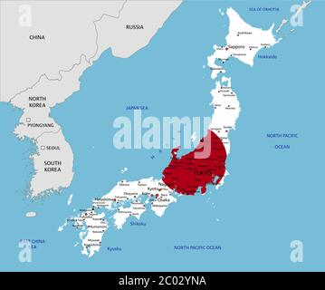 Japan sehr detaillierte politische Karte mit Nationalflagge isoliert auf weißem Hintergrund. Stock Vektor