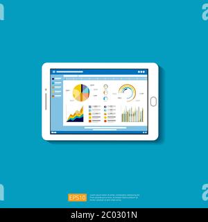 Webstatistik-Analysediagramme auf dem Bildschirm für mobile Geräte. Flache Vektor Infografik Trend Graphen Informationen Bericht Konzept für Planung und Buchhaltung, A Stock Vektor