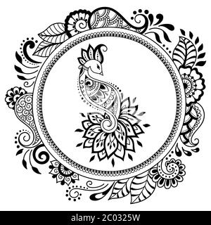 Kreisförmiges Muster in Form von Mandala mit Vogelschablone - Pfau für Henna, Mehndi, Tätowierung, Dekoration. Dekorative Ornament im ethnischen orientalischen Stil. Stock Vektor