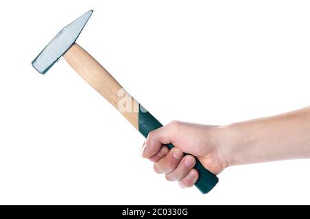 Hammer in die Hand eines Mannes isoliert Stockfoto