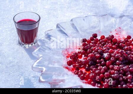 Alkoholische rote Tinktur in einem kleinen Glas und Preiselbeeren in einer Eisplatte. Im Schnee steht der Schnaps im Glas. Konzentrieren Sie sich auf das Glas. Horizontal. Stockfoto