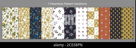 Set von 11 bunten und monochromen nahtlosen Muster mit stilisierten Schädeln. Stock-Vektor Stock Vektor
