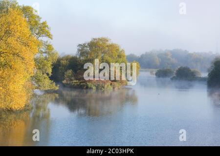 Ein nebliger Hooksmarsh See im River Lee Country Park, Essex, Großbritannien Stockfoto