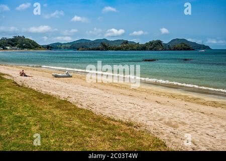 Strand in Oakura Bay, Whangaruru Harbour, im Dorf Oakura, Northland Region, North Island, Neuseeland Stockfoto