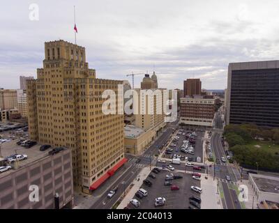 Luftaufnahme der Innenstadtgebäude in San Antonio, Texas, TX, USA. Stockfoto