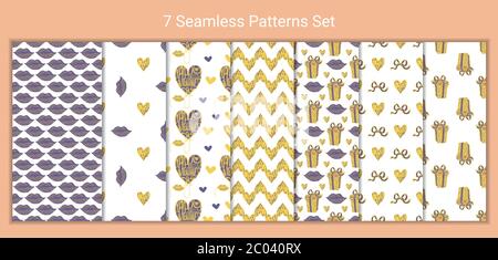 Set von 7 bunten nahtlosen Muster mit Hand gezeichneten Geschenkboxen, Herzen, Lippen. Stock-Vektor Stock Vektor