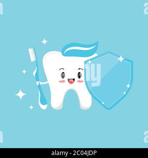 Niedliche Zahn Emoji mit blauer Zahnbürste und Zahnschild mit Paste auf dem Kopf und funkelt. Stock Vektor