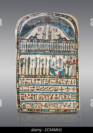 Alte ägyptische Stele, die vom Hohepriester Padiamenemipet Ra-Harakhty, Kalkstein, späte Periode, 26. Dynastie, (580-520 BC), Deir el-Medina, Katze gewidmet wurde Stockfoto
