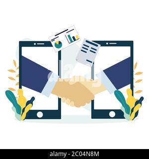 Menschen, die sich die Hände über den Bildschirm des Mobiltelefons schütteln. Handshake, Partnerschaft oder Geschäftserfolg Vereinbarung. Isolierte Darstellung Stock Vektor