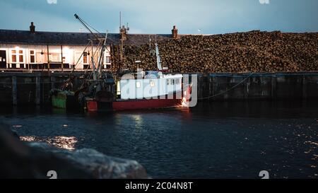 Typisch traditionelle bunte kleine schottische Fischerboote in einem Hafen. Nach Sonnenuntergang. Möwen fliegen um das Schiff Stockfoto