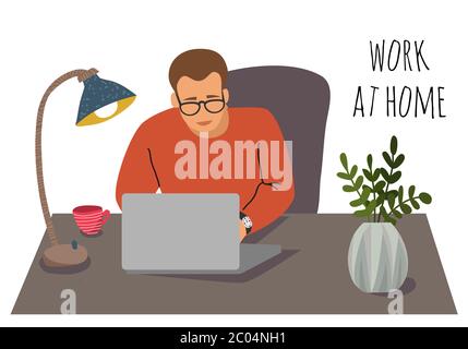 Vektorgrafik mit Mann zu Hause arbeiten. Konzept zur Selbstisolierung während der Quarantäne Stock Vektor