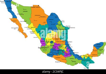 Bunte politische Karte Mexikos mit deutlich gekennzeichneten, getrennten Schichten. Vektorgrafik. Stock Vektor
