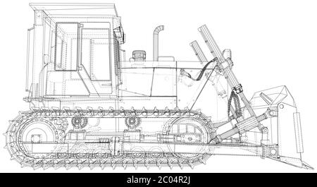 Leistungsstarke hydraulische Planierraupe. Drahtrahmen. Fahrzeug Vektor Illustration Transport. Die Schichten von sichtbaren und unsichtbaren Linien werden getrennt. EPS10-Format Stock Vektor