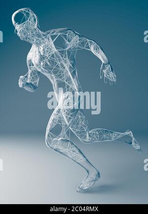 3d-Illustration einer menschlich geformten transparenten Skulptur eines Laufmanns Stockfoto