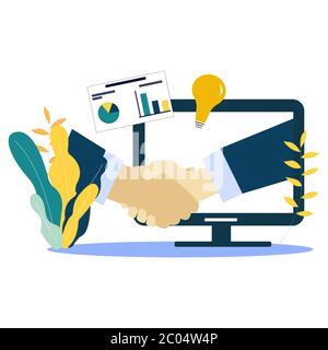 Menschen, die sich die Hände über den Computerbildschirm schütteln. Handshake, Vertrauen oder Geschäftserfolg Vereinbarung. Isolierte Darstellung Stock Vektor