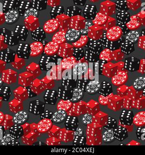Rot Schwarz Würfel und Poker Chips Nahtloses Muster, 3D Illustration Stock Vektor