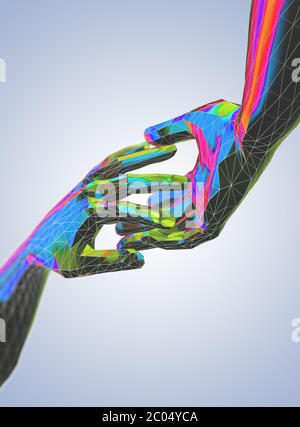 Bunte berühren und helfende Hände in futuristischen Low-Poly-Stil - 3d-Illustration Stockfoto