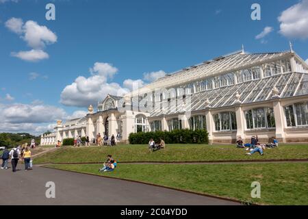 Das gemäßigte Haus (Nordseite) im Royal Botanic Gardens, Kew, Richmond upon Thames, England, Großbritannien. Stockfoto