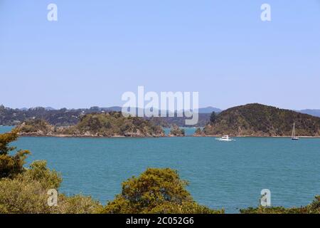 Waitangi. Historischer Hobson's Beach, Waitangi Treaty Grounds. Vertrag unterzeichnet 1840. Pazifik, Bay of Islands, Nordinsel, Neuseeland. Keine Personen. Stockfoto