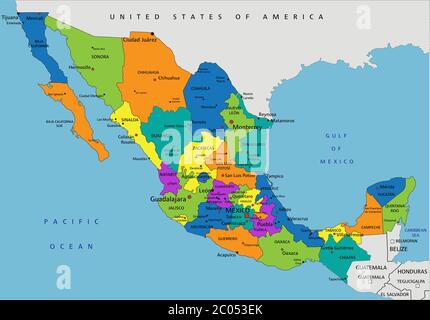 Bunte politische Karte Mexikos mit deutlich gekennzeichneten, getrennten Schichten. Vektorgrafik. Stock Vektor