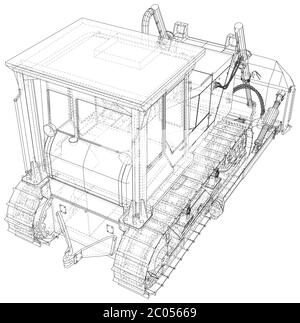 Leistungsstarke hydraulische Planierraupe. Drahtrahmen. Fahrzeug Vektor Illustration Transport. Die Schichten von sichtbaren und unsichtbaren Linien werden getrennt. EPS10-Format Stock Vektor