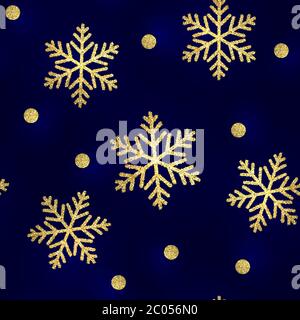 Gold glitzernde Schneeflocken nahtloses Muster auf schwarz gestreiften Hintergrund Stock Vektor