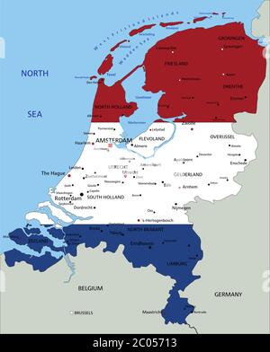 Niederlande Detaillierte politische Karte mit Nationalflagge isoliert auf weißem Hintergrund. Stock Vektor