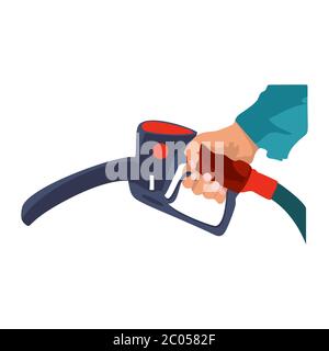 Kraftstoffpumpe in Hand Mann. Tankstelle. Halten der Kraftstoffdüse. Vektor-Illustration flaches Design, Isolation auf weißem Hintergrund. Stock Vektor