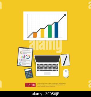 Finanzanalyse Business, Finanzstatistik und Management-Konzept. Desktop-Ansicht am Arbeitsplatz mit Dokument, Laptop und Bericht für die Wachstumskarte. Stock Vektor