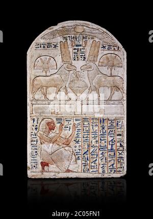 Alte ägyptische Stele, die Amon Re der 'gute RAM' von Vorarbeiter Baki, Kalkstein, New Kingdom, 19. Dynastie, (1290-1213 BC), Deir el-Medina, Dro Stockfoto