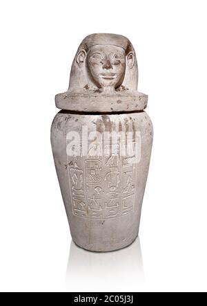 Altägyptische Imesty oder Amset Kanopische Jar, Neues Königreich, Ägyptisches Museum, Turin. Weißer Hintergrund die Kanopiegläser waren vier in der Zahl, jeder für Stockfoto