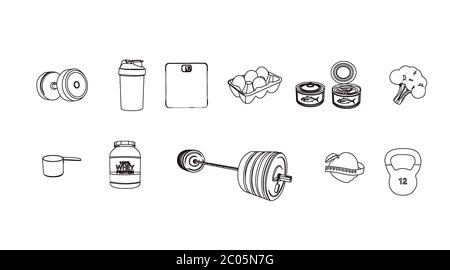 Vector Gym Schwarz-Weiß Icon Set mit Hanteln, Shaker, Thunfisch, Eiern, Broccoli, Proteinflasche, Langhantel, Waage und Kettlebell Stock Vektor