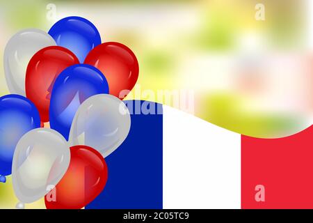 Frankreich Flagge, Farben Luftballons und verschwommenem Hintergrund. Französischer Nationalfeiertag. Unabhängigkeitstag. Bastille Day. Grußkarte mit Kopierbereich. Vektor Stock Vektor