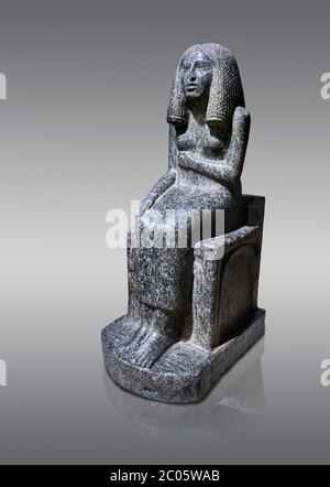 Alte ägyptische Statue der Prinzessin Redji, Großorit, Saqqara, Alte Königreich, 3. Dynastie (2592-2543 v. Chr.). Ägyptisches Museum, Turin. Grauer Hintergrund. Der Stockfoto