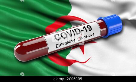 Flagge Algeriens winkend im Wind mit einem positiven Covid-19 Blutteströhrchen, 3D-Illustration für Blutuntersuchungen zur Diagnose des neuen Coronavirus Stockfoto