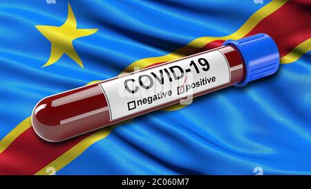 Flagge der Demokratischen Republik Kongo winkt im Wind mit einem positiven Covid-19 Bluttestrohr, 3D-Illustrationskonzept für Bluttests zu Stockfoto