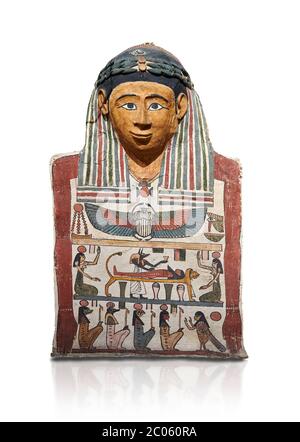 Alte ägyptische Blutbad Mumienmaske mit Mumification Szene, ptolemäische Periode, (332-30BC), Ägyptisches Museum, Turin. CAT 2250. Weißer Hintergrund Stockfoto