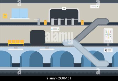 U-Bahn-Station mit einem Übergang, Rolltreppe zwischen den Zweigen Vektor-Symbol flach isoliert Illustration Stock Vektor