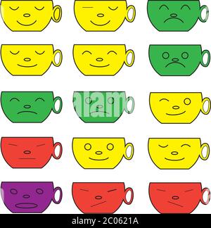 Eine Sammlung von Tassen, die Emotionen auf Gesichtern Formen. Das Konzept der verschiedenen Stimmungen. Stock Vektor