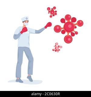 Junger Arzt oder Krankenschwester in Uniform und schützende medizinische Maske Kampf mit roten Coronavirus Zellen Vektor flach Cartoon Illustration. Stoppen und bekämpfen Sie die weltweite Pandemie des Covid-19-Konzepts. Stock Vektor