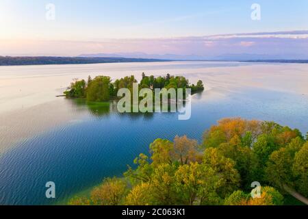 Roseninsel im Starnberger See bei Feldafing, fünf-Seen-Land, Alpenvorland, Luftaufnahme, Oberbayern, Bayern, Deutschland, Europa Stockfoto