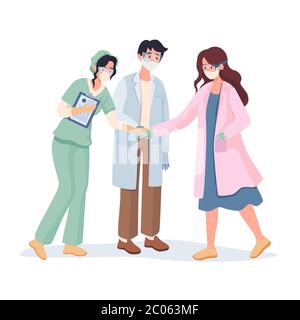 Ärzte und Krankenschwestern Teamwork Vektor flach Cartoon Illustration. Junge medizinische Mitarbeiter in Uniform, Schutzbrille und Masken während des Coronavirus-Ausbruchs. Stoppen Sie das Konzept der Covid-19-Pandemie. Stock Vektor