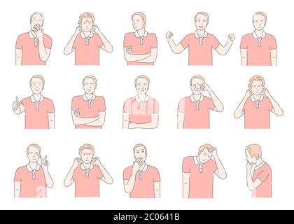 Set von verschiedenen Gesichtsemotionen. Männliches Porträt mit positiven und negativen Ausdrücken Cartoon Umriss Illustration. Junger Mann Porträt lächelnd, glücklich, denkend, wütend, Überraschung, gelangweilt, traurig. Stock Vektor