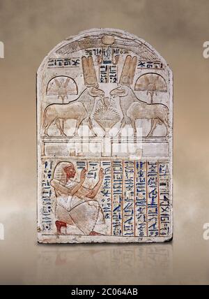 Alte ägyptische Stele, die Amon Re der 'gute RAM' von Vorarbeiter Baki, Kalkstein, New Kingdom, 19. Dynastie, (1290-1213 BC), Deir el-Medina, Dro Stockfoto