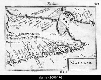 Malabar und Coromandel Coast, Südindien, Kupferstich-Landkarte von Petrus Bertius und Jodocus Hondius, 1616, Amsterdam, Niederlande Stockfoto