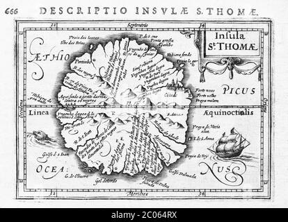 Sao Tome, Guinea, Kupferstich-Landkarte von Petrus Bertius und Jodocus Hondius, 1616, Amsterdam, Niederlande Stockfoto