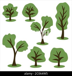 Satz von Vektor-Blumen des Waldes. Verschiedene Bäume in bunten Cartoons flachen Stil auf weißem Hintergrund Stock Vektor