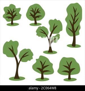 Satz von Vektor-Blumen des Waldes. Verschiedene Bäume in bunten Cartoons flachen Stil auf weißem Hintergrund Stock Vektor