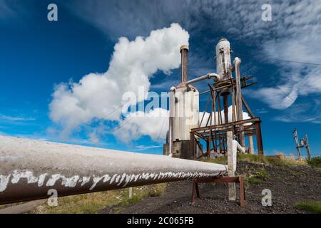 Energieerzeugung aus Geothermie, Bauernhof in der Nähe von Geysir, Island Stockfoto