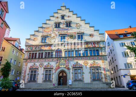 Bunt bemalte Fassade, Altes Rathaus, Lindau Insel, Lindau am Bodensee, Schwaben, Deutschland, Europa Stockfoto